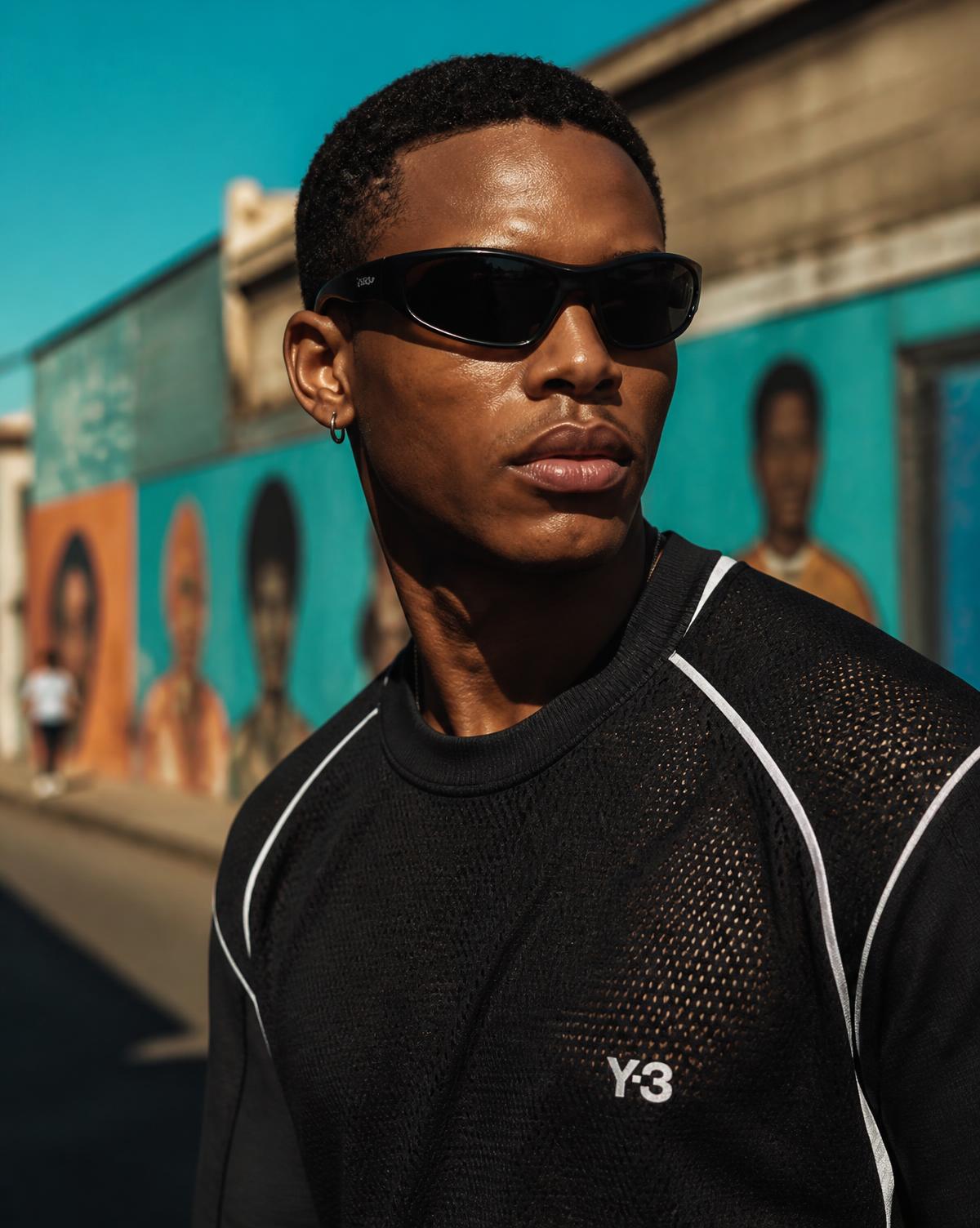 Young South African man in sport wraparound sunglasses against a township mural