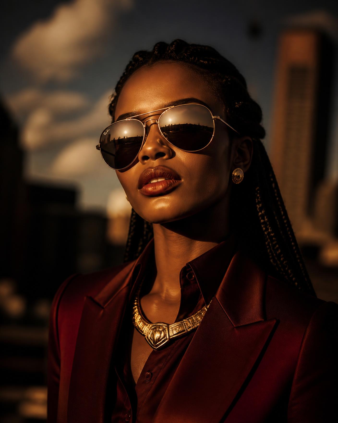 Model wearing gold aviator sunglasses in Johannesburg golden hour light