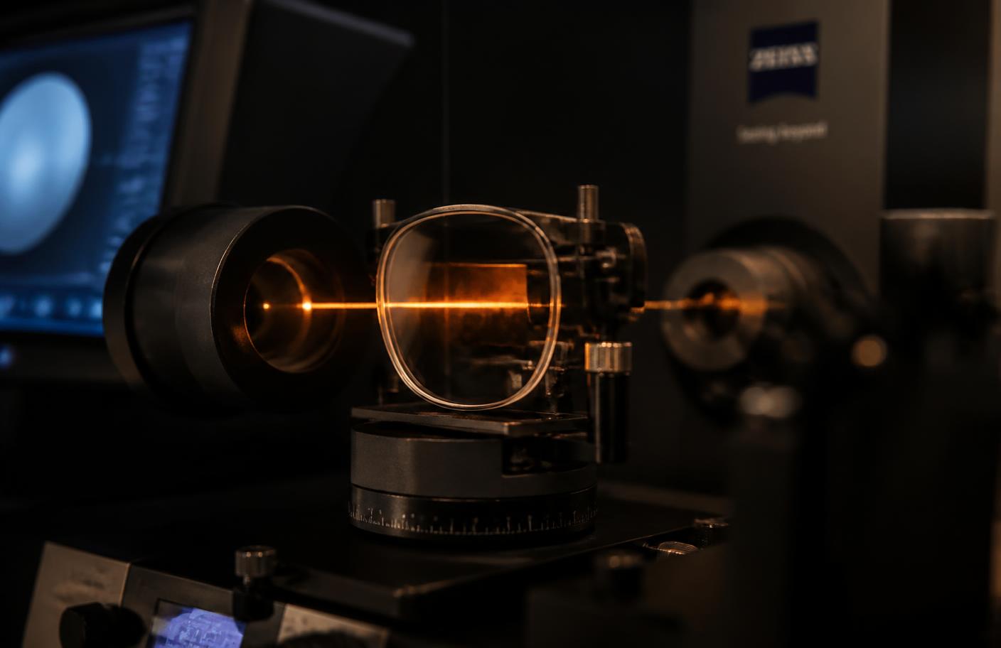 Precision lens measurement instrument with an amber laser passing through a spectacle lens