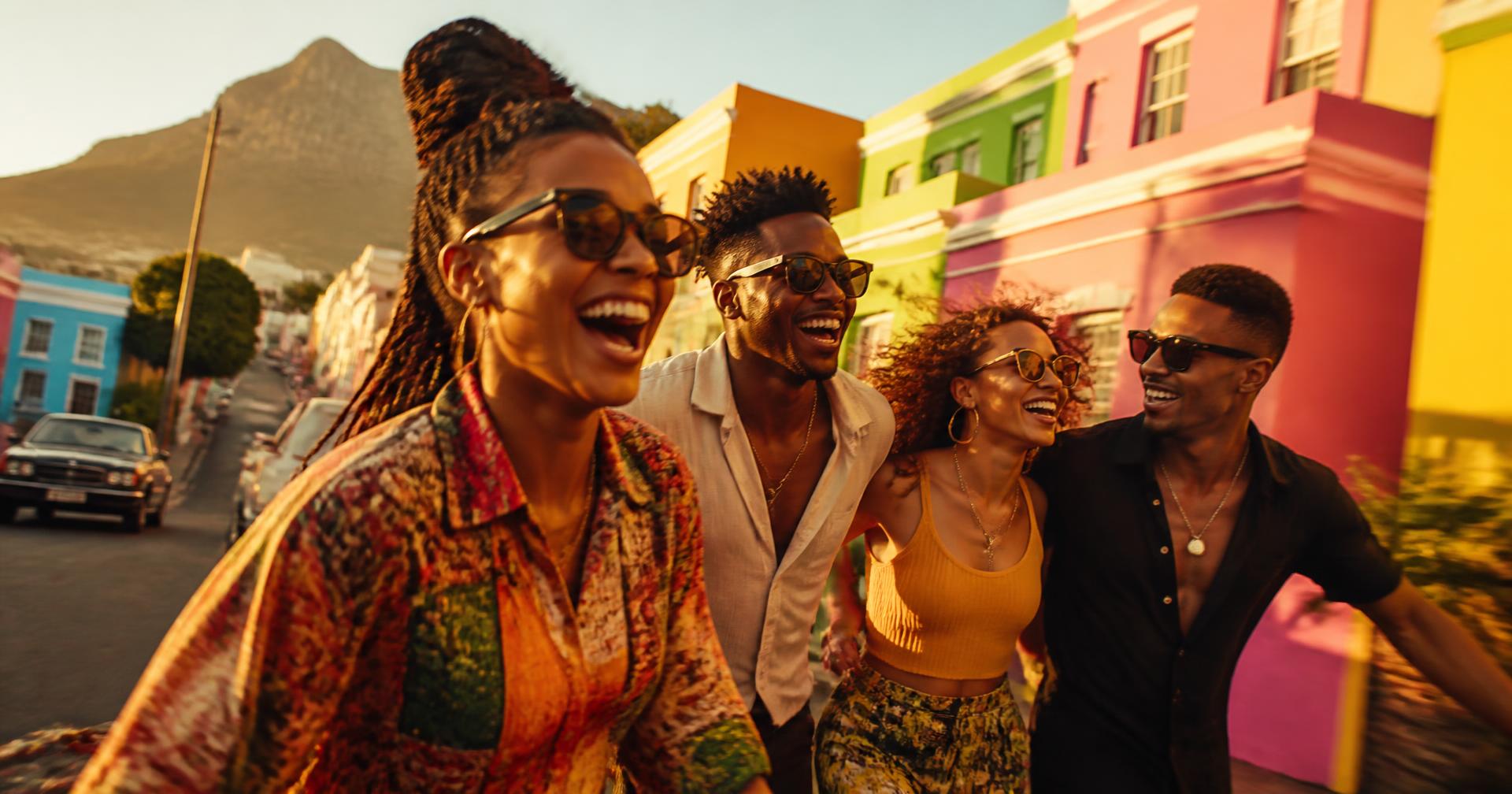 Friends in sunglasses laughing on a colourful Cape Town street at golden hour