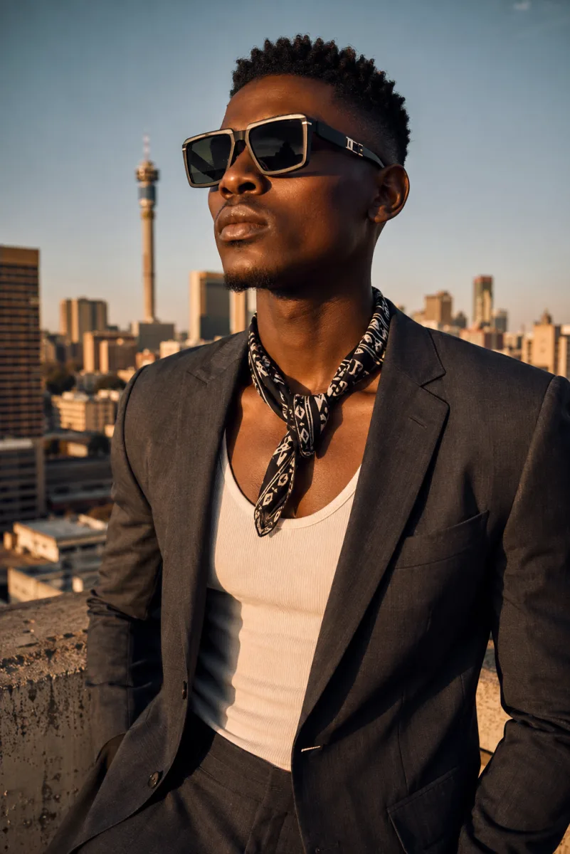 Sunglasses worn on a Johannesburg rooftop in late afternoon light